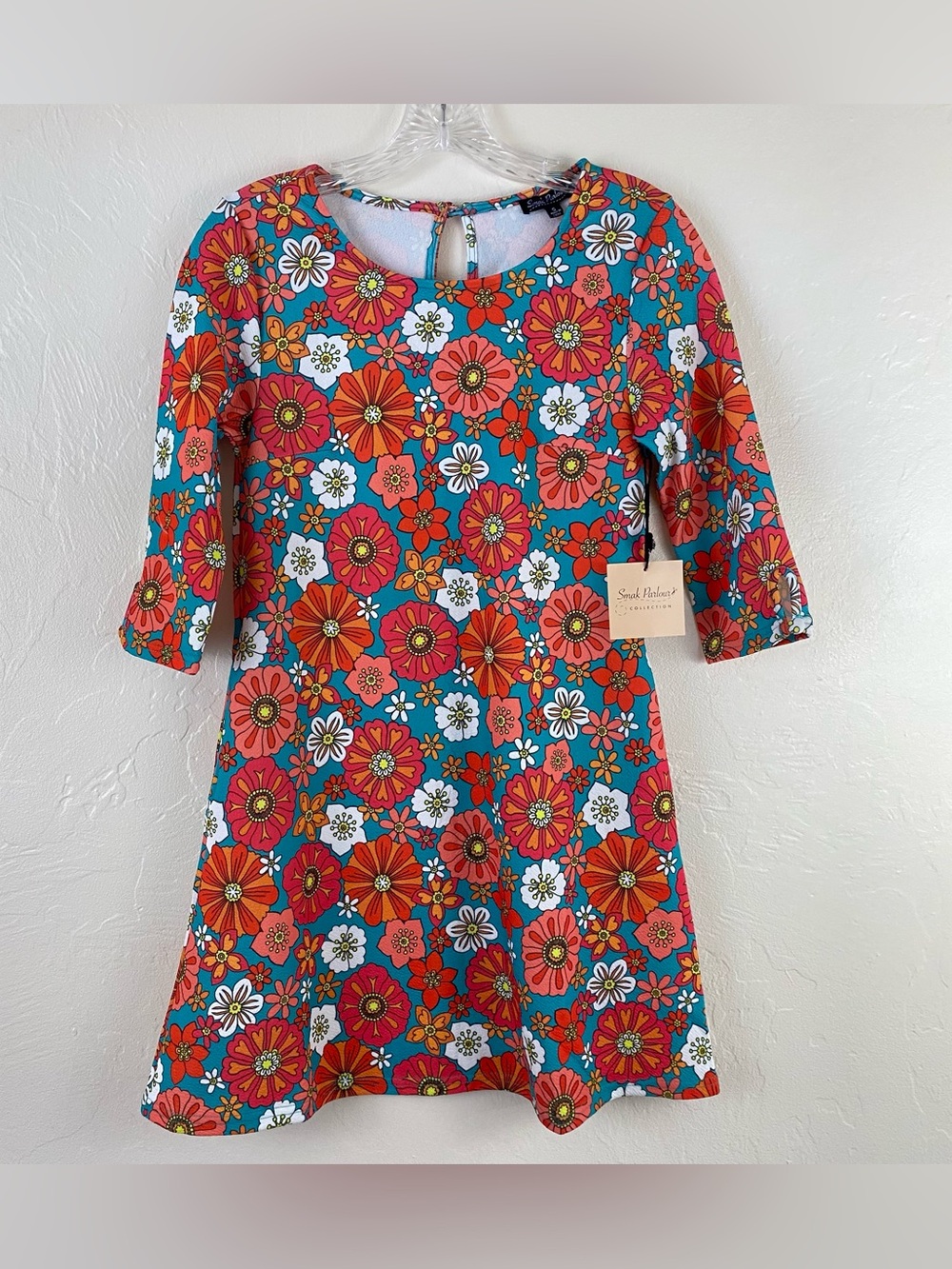 Unique Vintage Smak Parlour Size XS Turquoise Pink Cosmic Floral 60s Shift Dress
